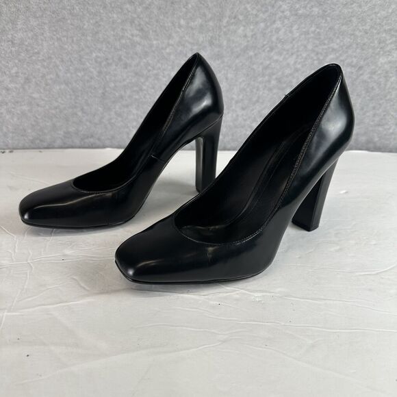 Massimo Dutti - Black Leather Square Toe Block Heel - Slip On Size 39 Pump Shoes - Picture 7 of 12
